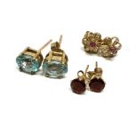 3 x 9ct gold vintage paired earrings inc. topaz, ruby & garnet (2.7g)