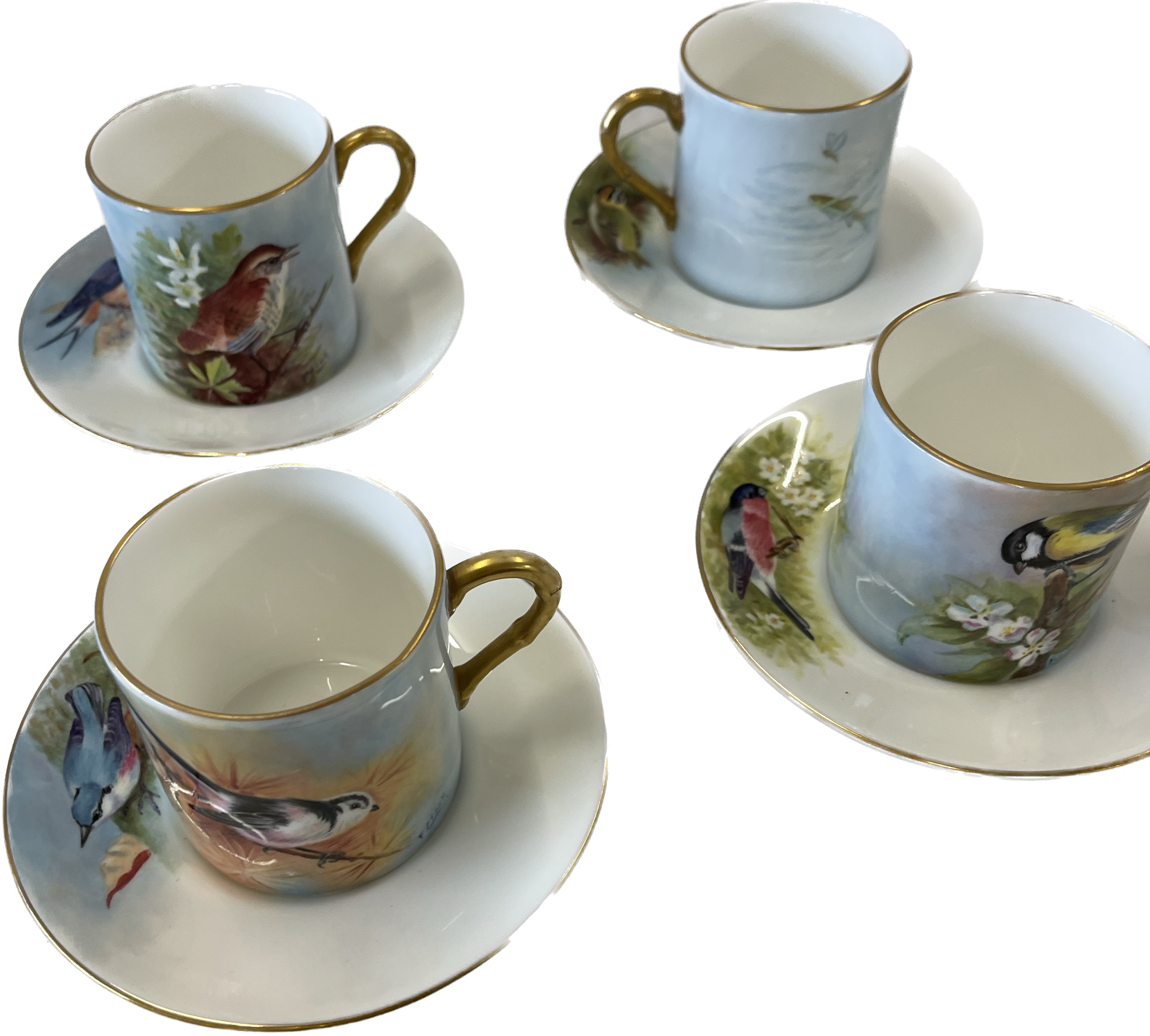 Six coffee cans and saucers, hand painted with birds, signed F Clarke (Royal Worcester artist) - Image 4 of 4