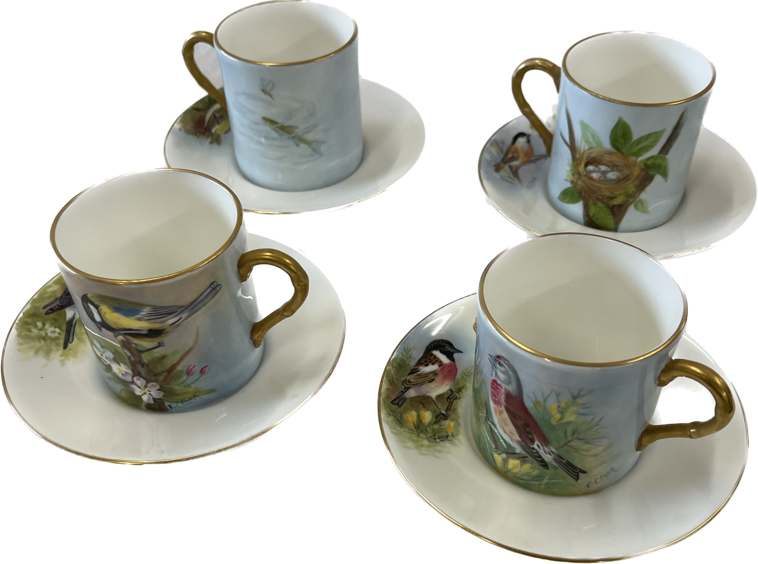 Six coffee cans and saucers, hand painted with birds, signed F Clarke (Royal Worcester artist) - Image 3 of 4