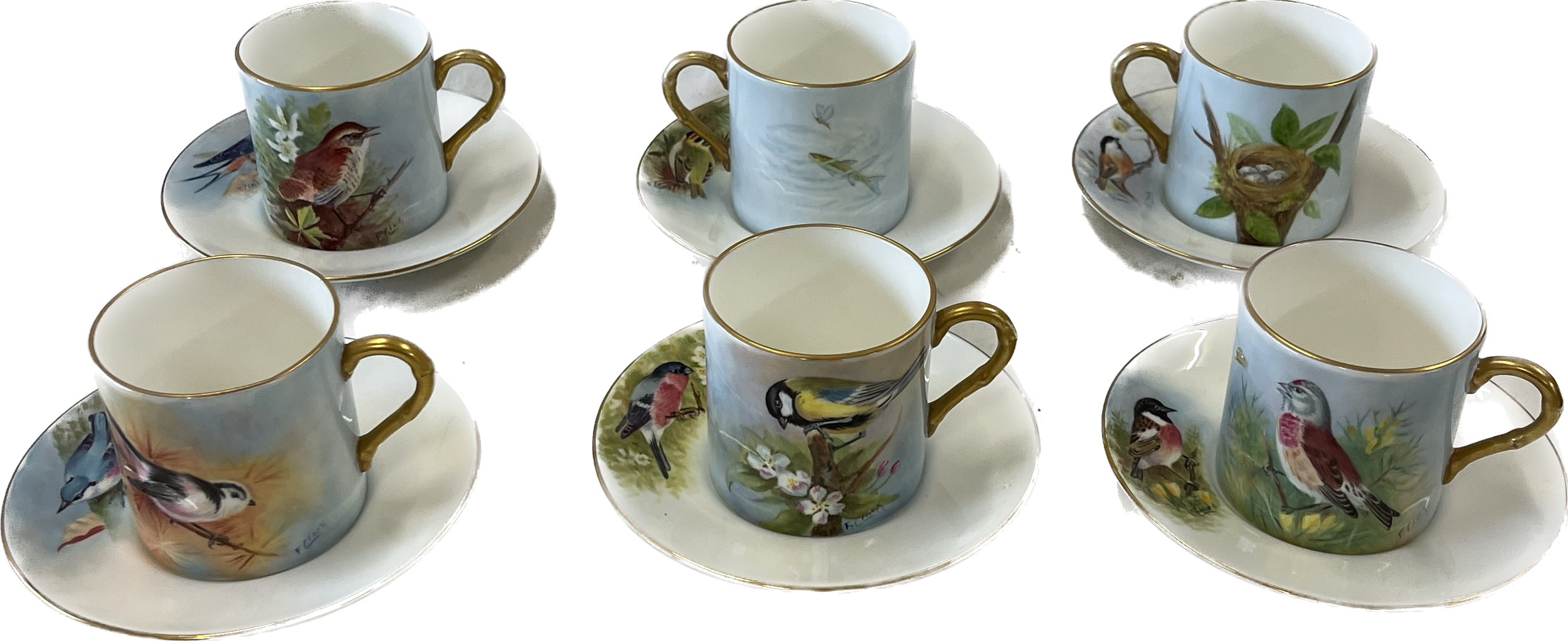 Six coffee cans and saucers, hand painted with birds, signed F Clarke (Royal Worcester artist)