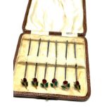 Boxed antique silver & enamel cocktail sticks