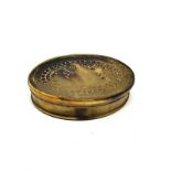Fine antique georgian horn box snuff box embossed with Britannia detail to lid measures approx 8cm