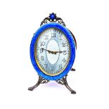 Edwardian silver & guilloche enamel strut clock marked 55478 Geneve 935 argent dore winds &