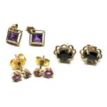 3 x 9ct gold paired gemstone earrings inc. amethyst, sapphire & ruby (2.6g)