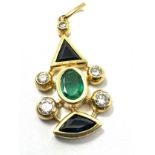 Fine 18ct gold emerald sapphire & diamond pendant measures approx 3.2cm drop by 1.4cm wide weight