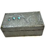 Vintage pewter and turquoise cigarette box measures approx 7.5 inches long, 3 inches tall and 4