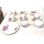 6 place setting Delphine pink roses tea service to include cup, saucers, sugar bowl, serving plate