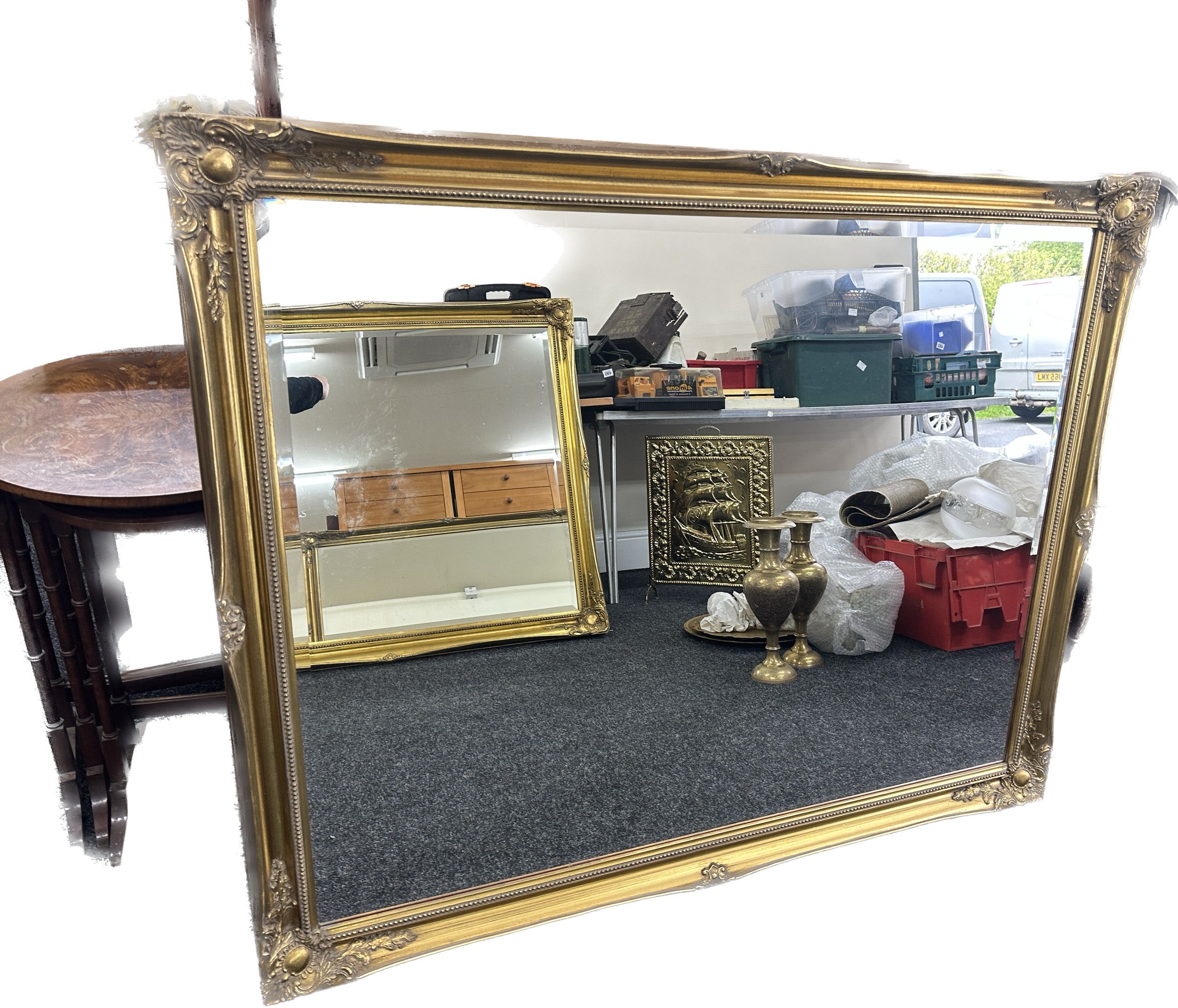 Large beveled edge gilt framed mirror measures approximately 128cm wide 116cm tall - Image 2 of 3