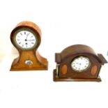 Oak inlaid mantel clock and 1 other battery mantle clock, untested