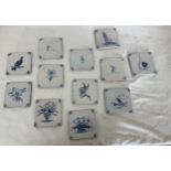Selection of 12 vintage blue and white terracotta tiles, tile size 5 x 5 inches