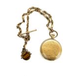 Gold plated hunter pocket watch with chain and fob