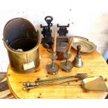 Selection of vintage and later metal ware includes candle sticks, tea pot, fire irons etc