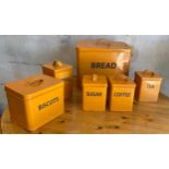 Set of Swan orange enamel kitchen set includes bread, sugar coffee tea etc