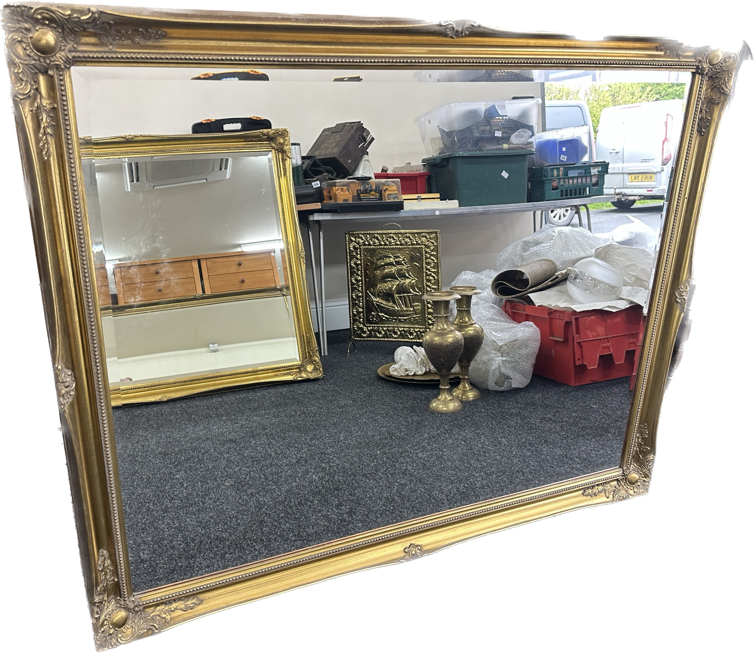 Large beveled edge gilt framed mirror measures approximately 128cm wide 116cm tall - Image 3 of 3