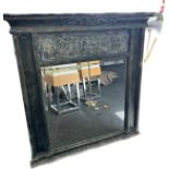 Large beveled over mantel mirror measures approx 46 inches wide and 52 inches tall