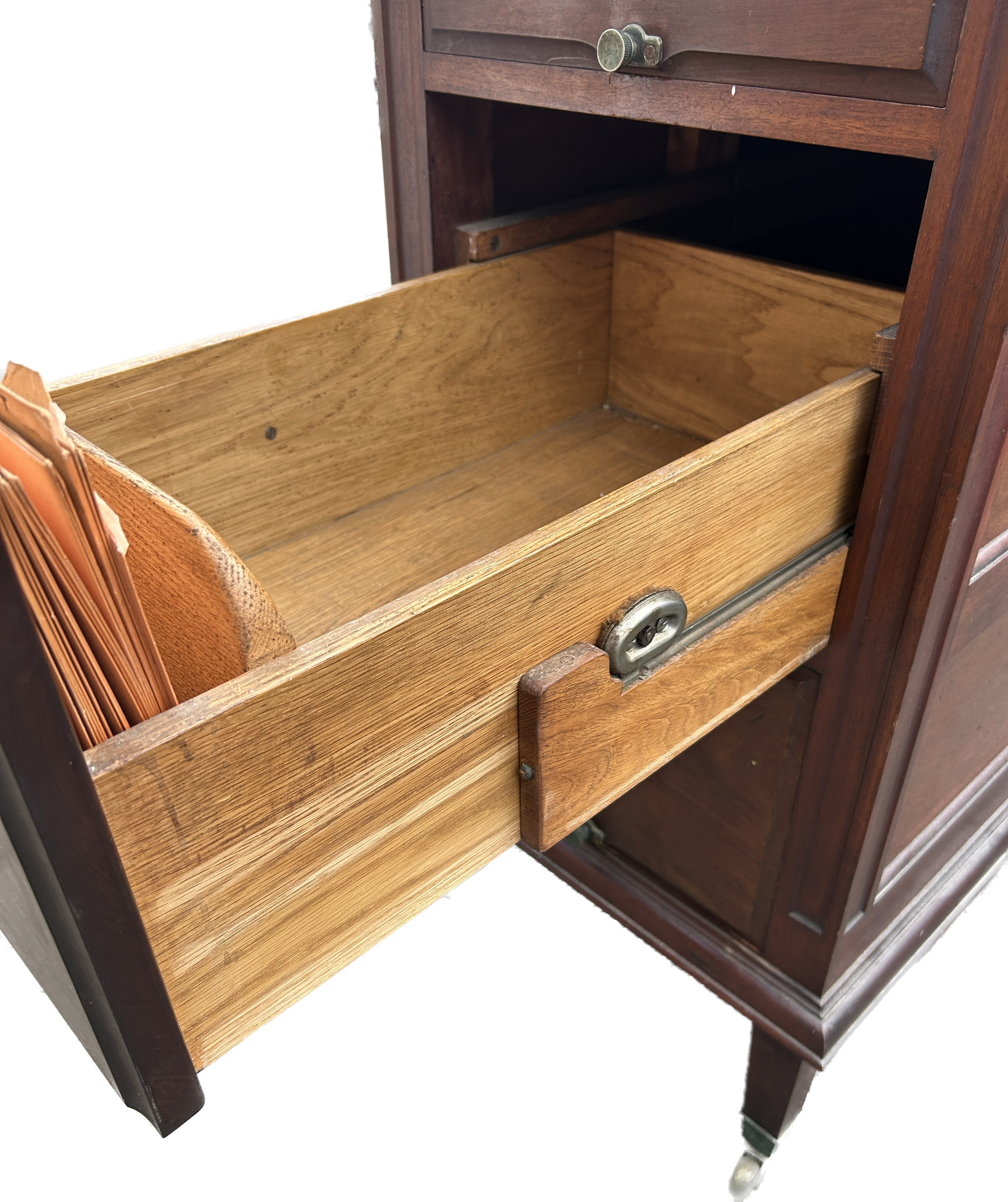 Mahogany Edwardian three drawer filing cabinet with panelled sides and back and brass casters - Image 3 of 4