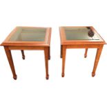 Pair of mahogany glass topped lamp tables 2 inches tall 19.5 inches square