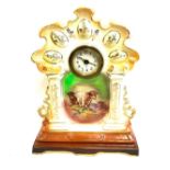 Large decorative pottery mantle clock measures approximately 17.5 inches tall