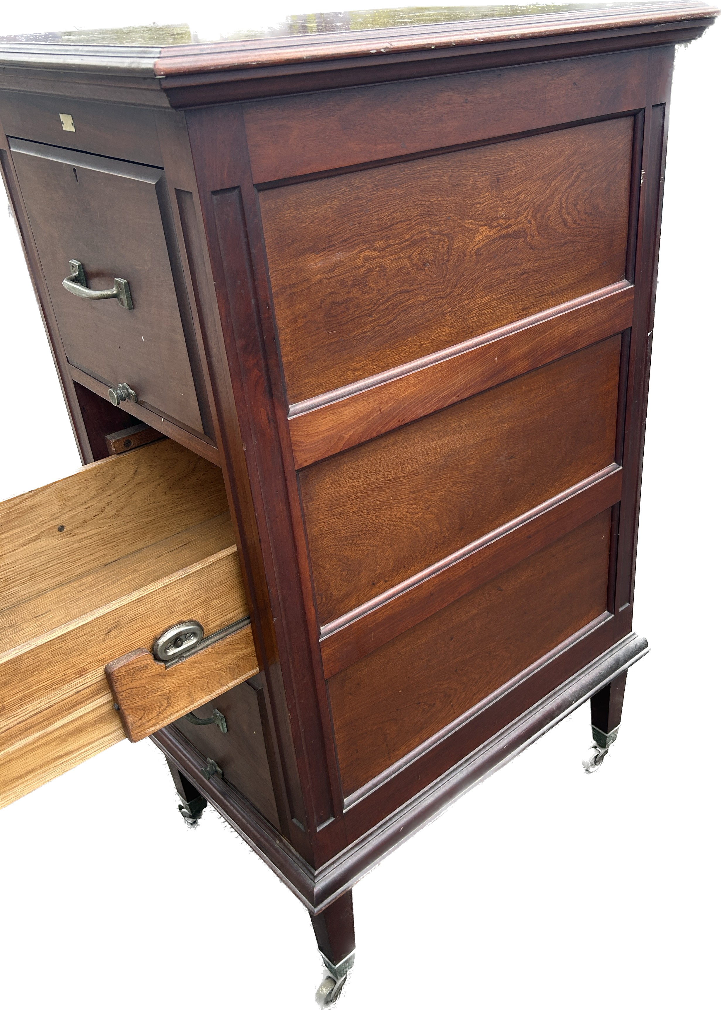 Mahogany Edwardian three drawer filing cabinet with panelled sides and back and brass casters - Image 2 of 4