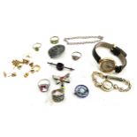 Selection of vintage and later silver jewellery includes enamel brooch, 9ct gold earrings and 2