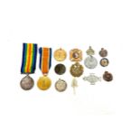 Selection of vintage medals/ badges includes queen victoia cross, 2 WW1 medals to DVR C Simalley R.E