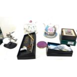 Selection of collectable items includes Compact, tea pots, train coaters etc