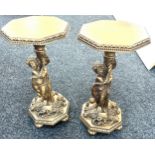 Pair ornate cherub design lamp tables, overall height 20 inches