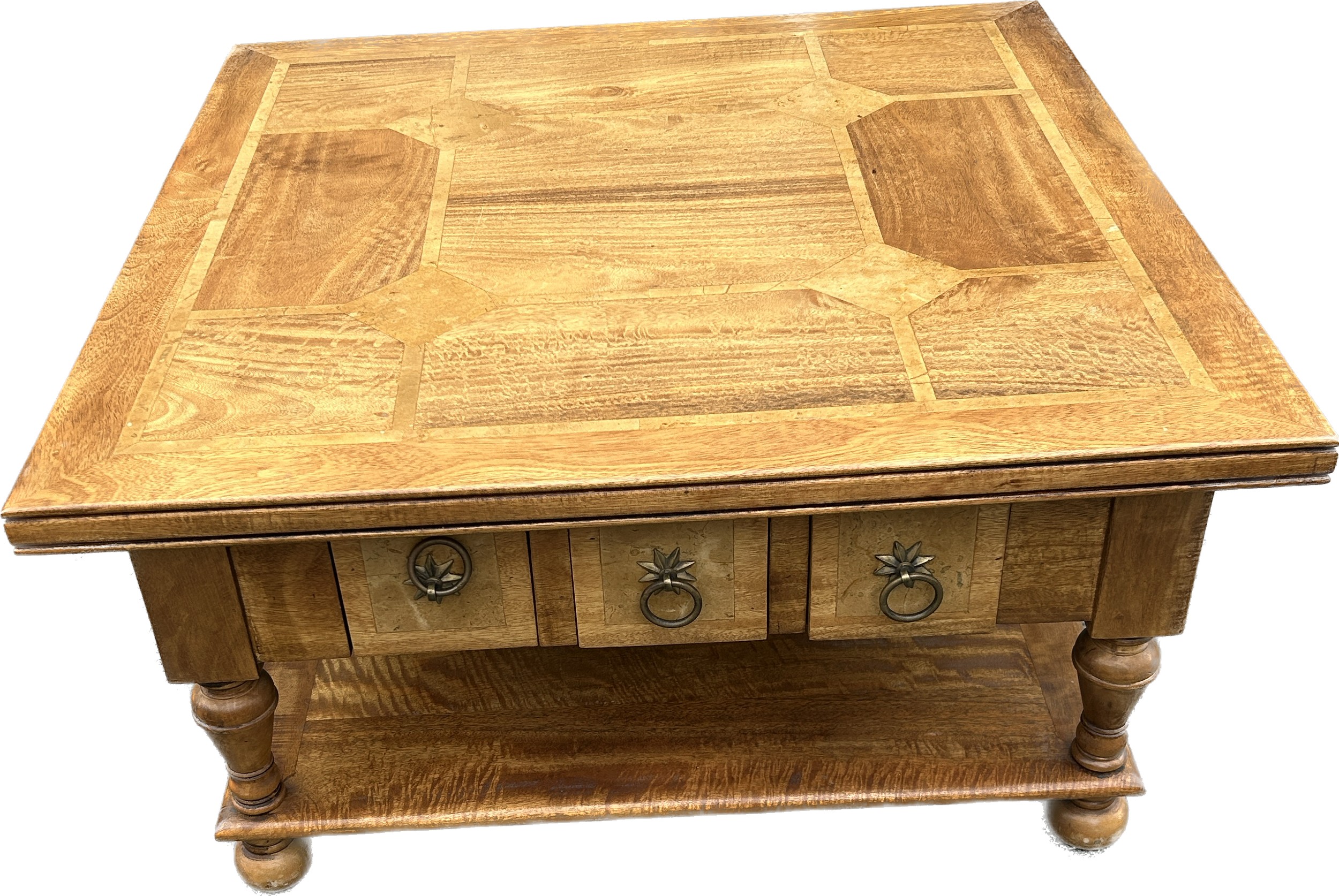6 Drawer 2 tier large square inlaid coffee table, approximate measurements: 36 inches square, Height