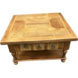 6 Drawer 2 tier large square inlaid coffee table, approximate measurements: 36 inches square, Height