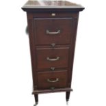 Mahogany Edwardian three drawer filing cabinet with panelled sides and back and brass casters