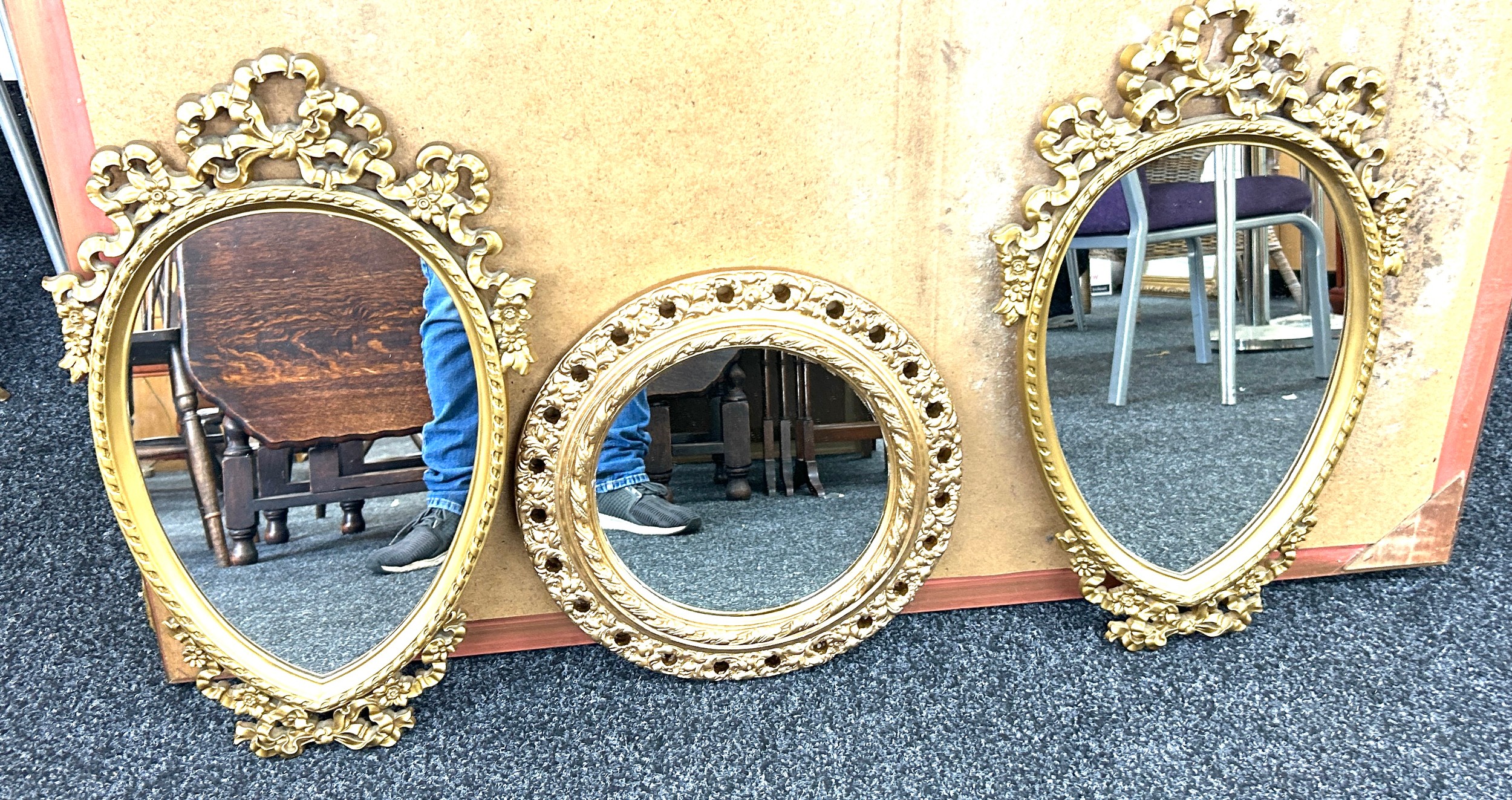 Pair of gilt framed mirrors and 1 other measures approximately 65 cm by 39cm