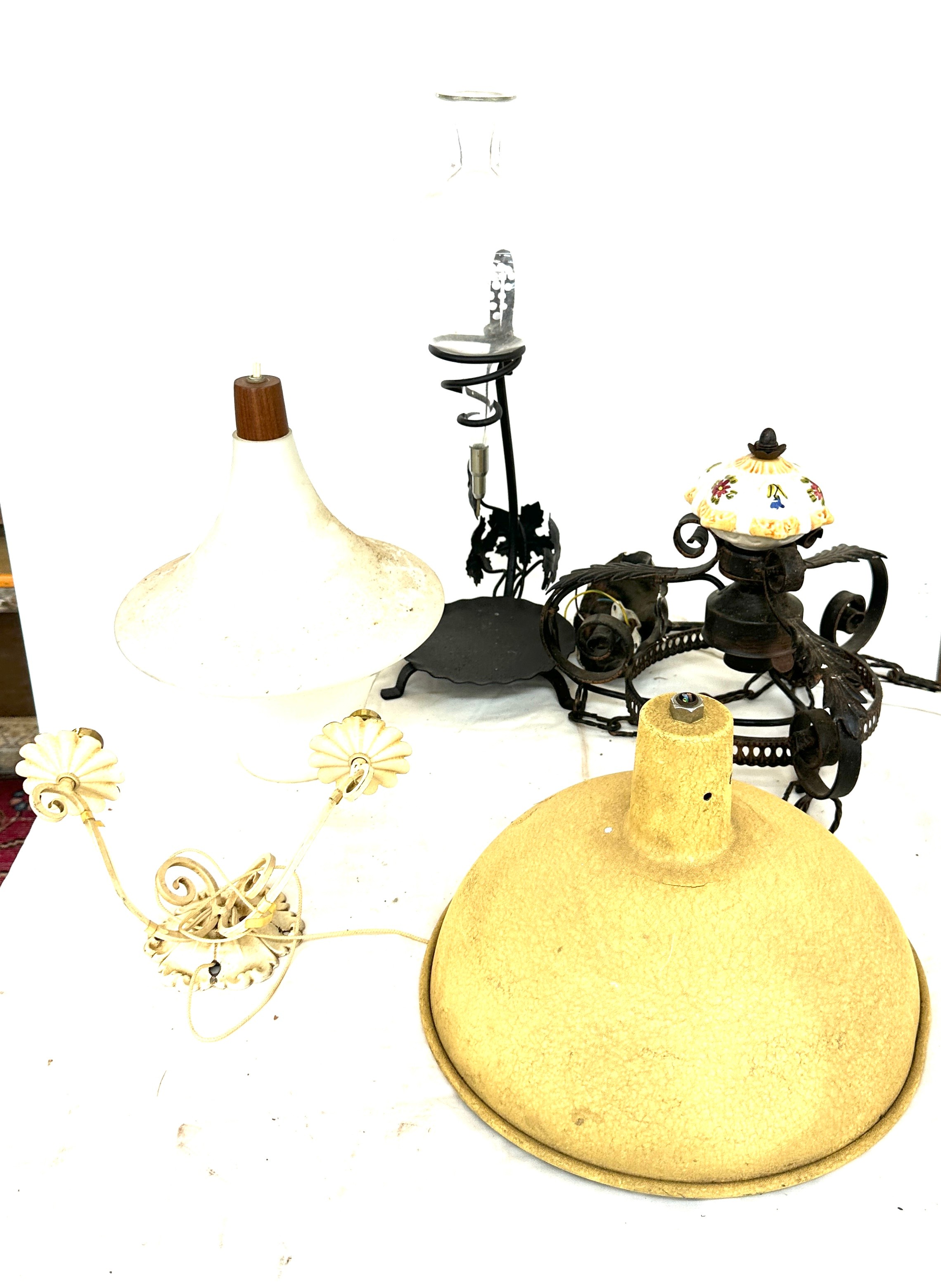 3 Vintage light fittings and a glass shade stand
