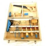 Childs wooden tool box and contents includes planer, saw, screw drivers etc