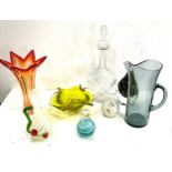 Selection of coloured art glass items to include bowls, vases etc