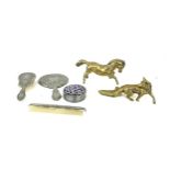 Selection of metalware to include brass horse and fox, vanity set etc