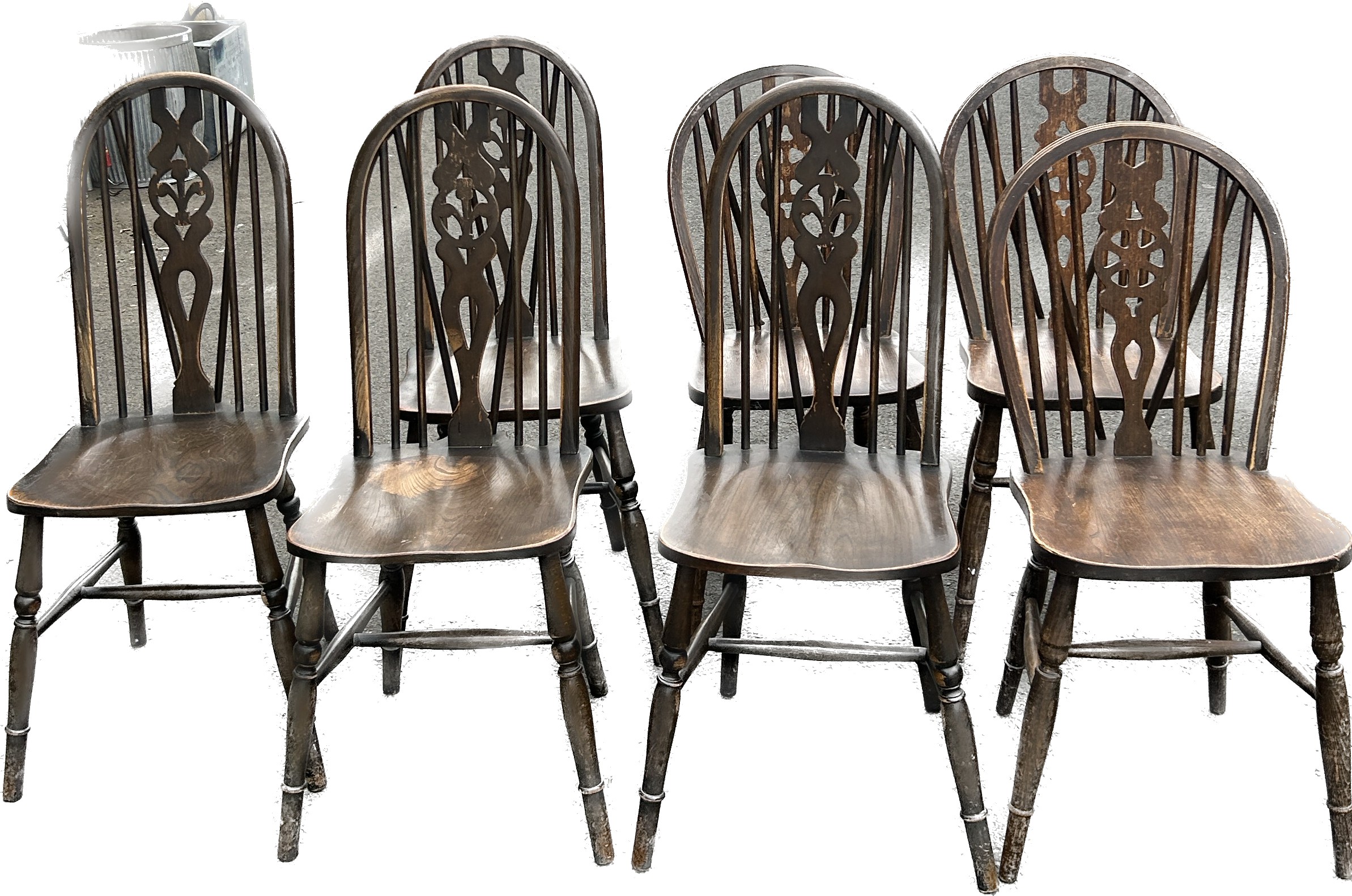 7 Oak wheelback dining chairs to include, set of 3 and 4