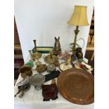 Selection of miscellaneous includes miniature dolls, brass ware, ornaments, moore and wright