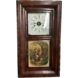 Large wooden wall clock with 8 day movement E.N.Welsh with key and pendulum, picture of little red