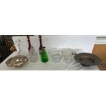 Selection of glassware and metalware to include decanters, glass bowls etc