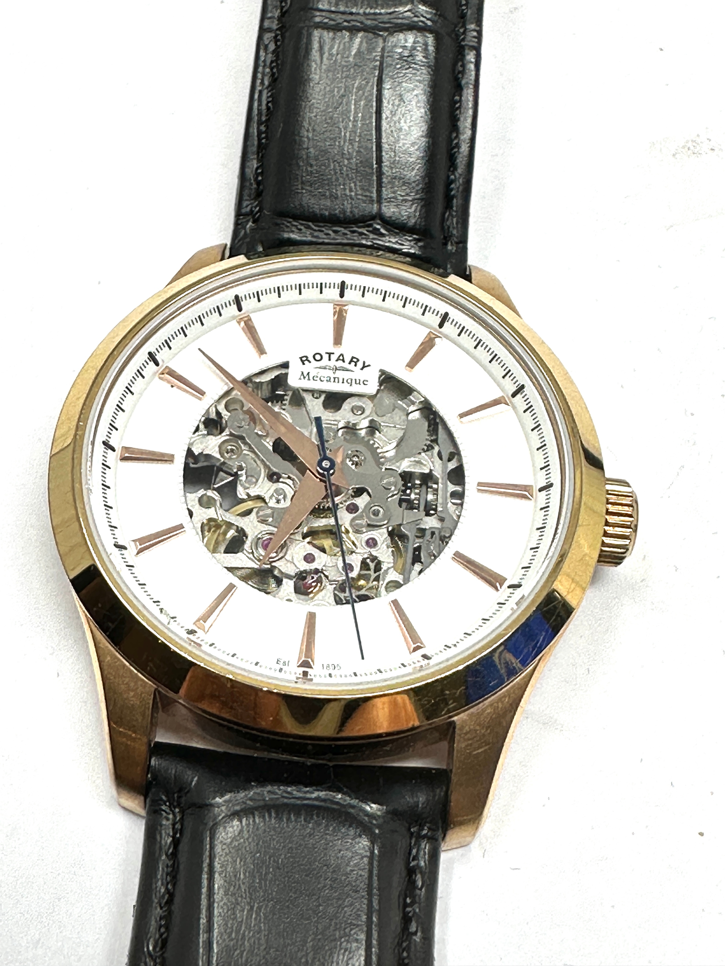 Rotary skeleton dial automatic gents wristwatch the watch is ticking