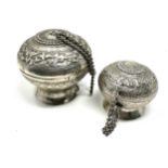 2 Antique Indian silver round lidded pots largest measures approx height 6cm by 6.5cm dia