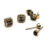 3 x 9ct gold paired gemstone stud earrrings inc. sapphire, amethyst (3.2g)