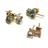 3 x 9ct gold paired gemstone stud earrings inc. zoisite, aquamarine (2.9g)