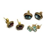 3 x 9ct gold paired gemstome stud earrings inc. garnet, topaz (3.8g)