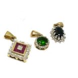 3 x 9ct gold gemstone pendants inc. diamond, sapphire, ruby, diopside (3.3g)