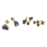 3 x 9ct gold paired gemstone studs inc. tanzanite, garnet, emerald (1.4g)