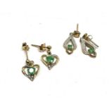 3 x 9ct gold paired diamond and emerald earrings (2.1g)