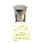 Antique Indian silver round lidded box measures approx height 8cm by 7cm dia comes with 2 paper