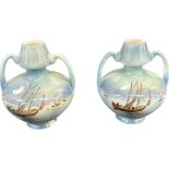 A pair of two handled hand painted Shelley miniature vases measures approx 5 inches tall