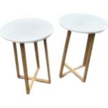 Pair of painted top lamp tables plus wicker foot stool - tables measure approx 23.5 inches tall